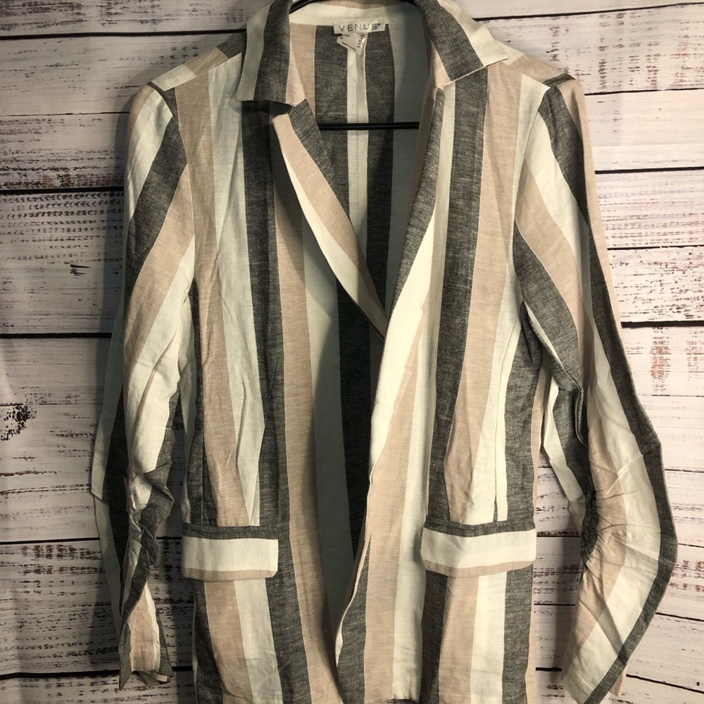 Venus Striped Blazer - Gray, Cream, Tan - Picture 1 of 15